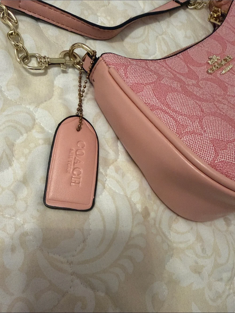 Coach Pink Signature Canvas Shoulder Bag with Gold Hardware